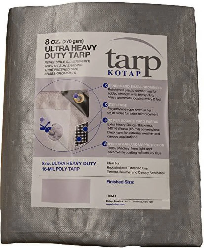 Kotap 12-ft. x 25-ft. Ultra Heavy-Duty 8 oz/16-mil Poly Tarp Reversible Silver/White, Item: TUH-1225