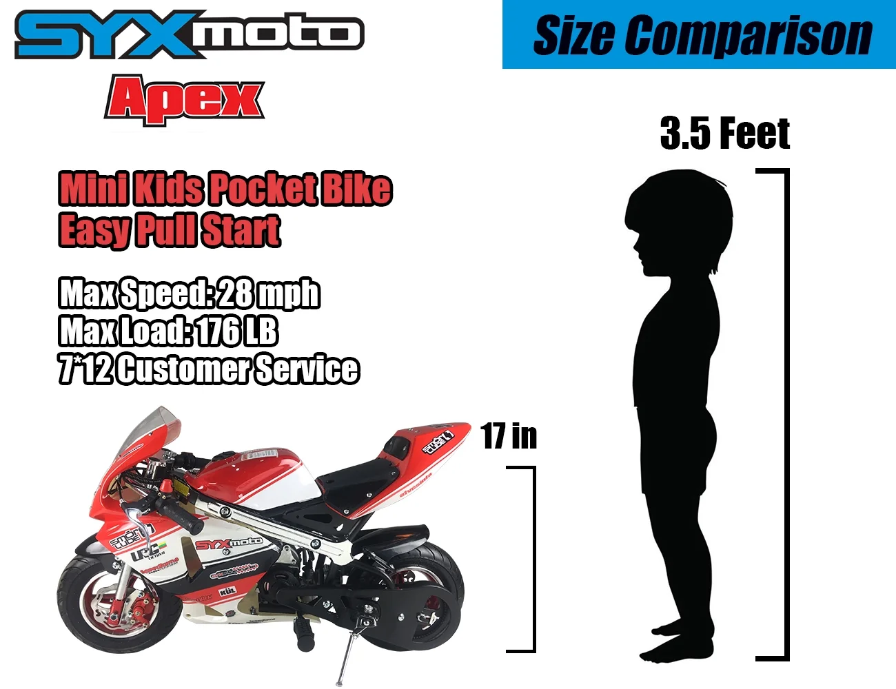SYX MOTO Apex Gas Powered 49cc 2 Stroke Kids Pocket Bike, Pull Start, Black