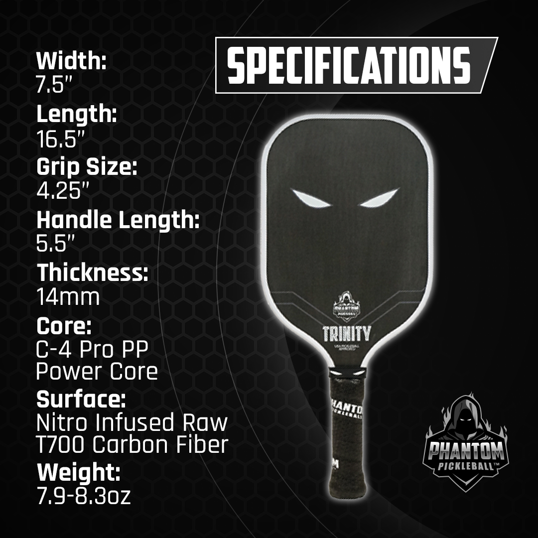 Phantom Trinity (White) 14mm T700 Raw Carbon Fiber Thermoformed Pro Pickleball Paddle & Premium Cover