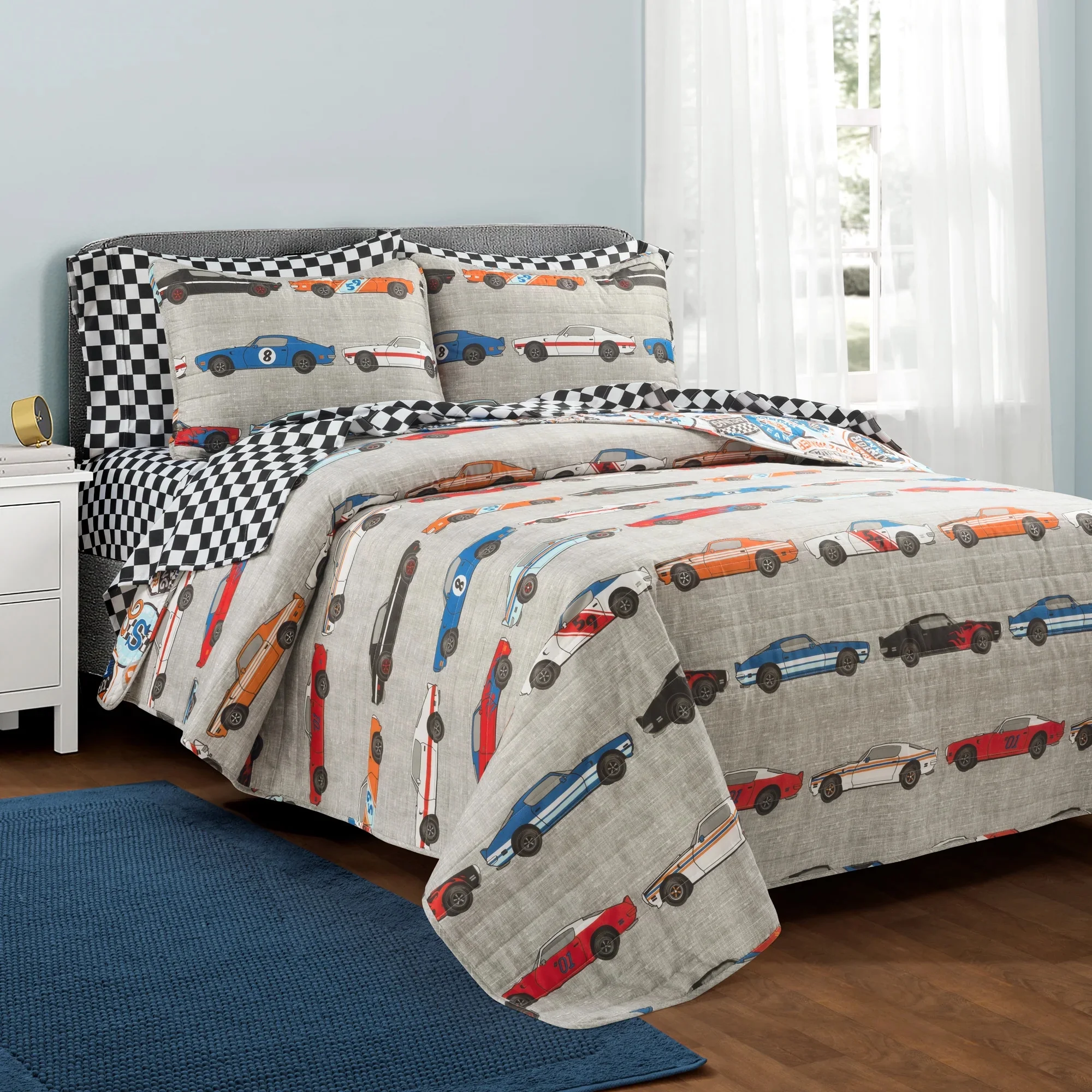 Lush Decor Printed Race Cars Soft Reversible Oversized Quilt Blue/Orange 5Pc Set Twin