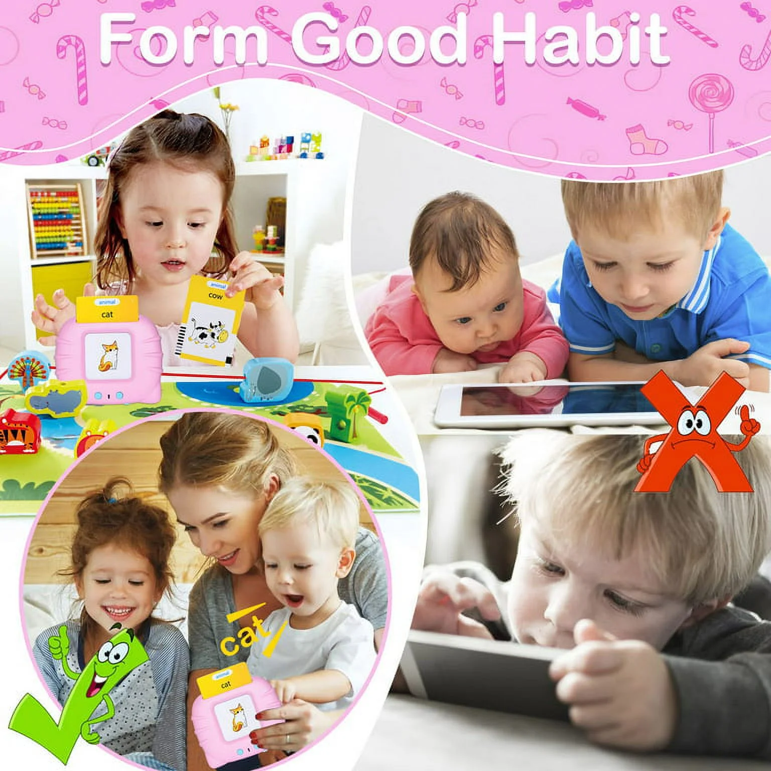 Educational-Toys, ABC Talking-Flash-Cards with 224 Sight Words, Montessori-Toys for Kids, Preschool-Learning-Activities, Toddler-Toys for 1 2 3 4 5 6 Years Boys and Girls, Gifts, Pink
