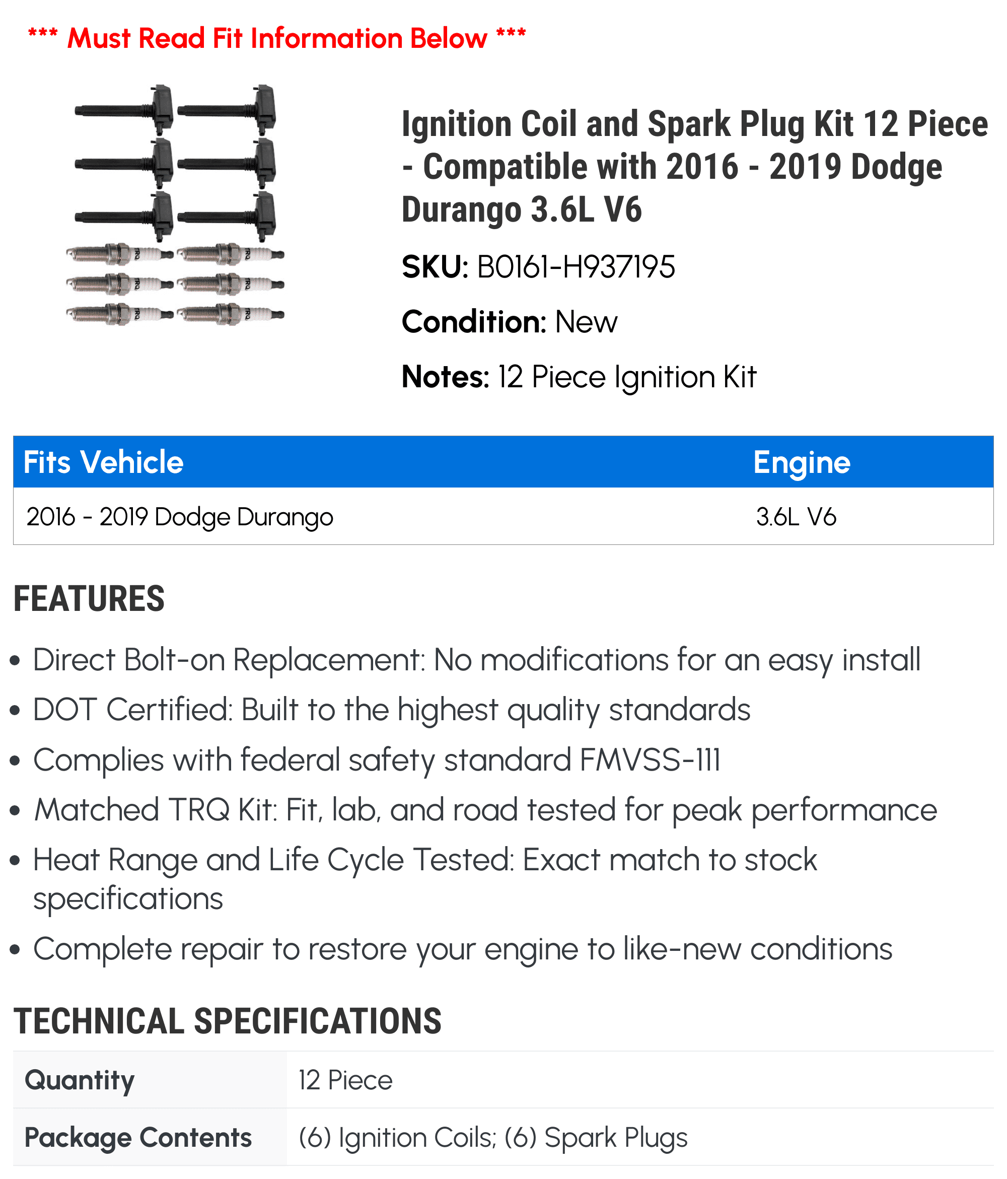 Ignition Coil and Spark Plug Kit 12 Piece - Compatible with 2016 - 2019 Dodge Durango 3.6L V6 2017 2018