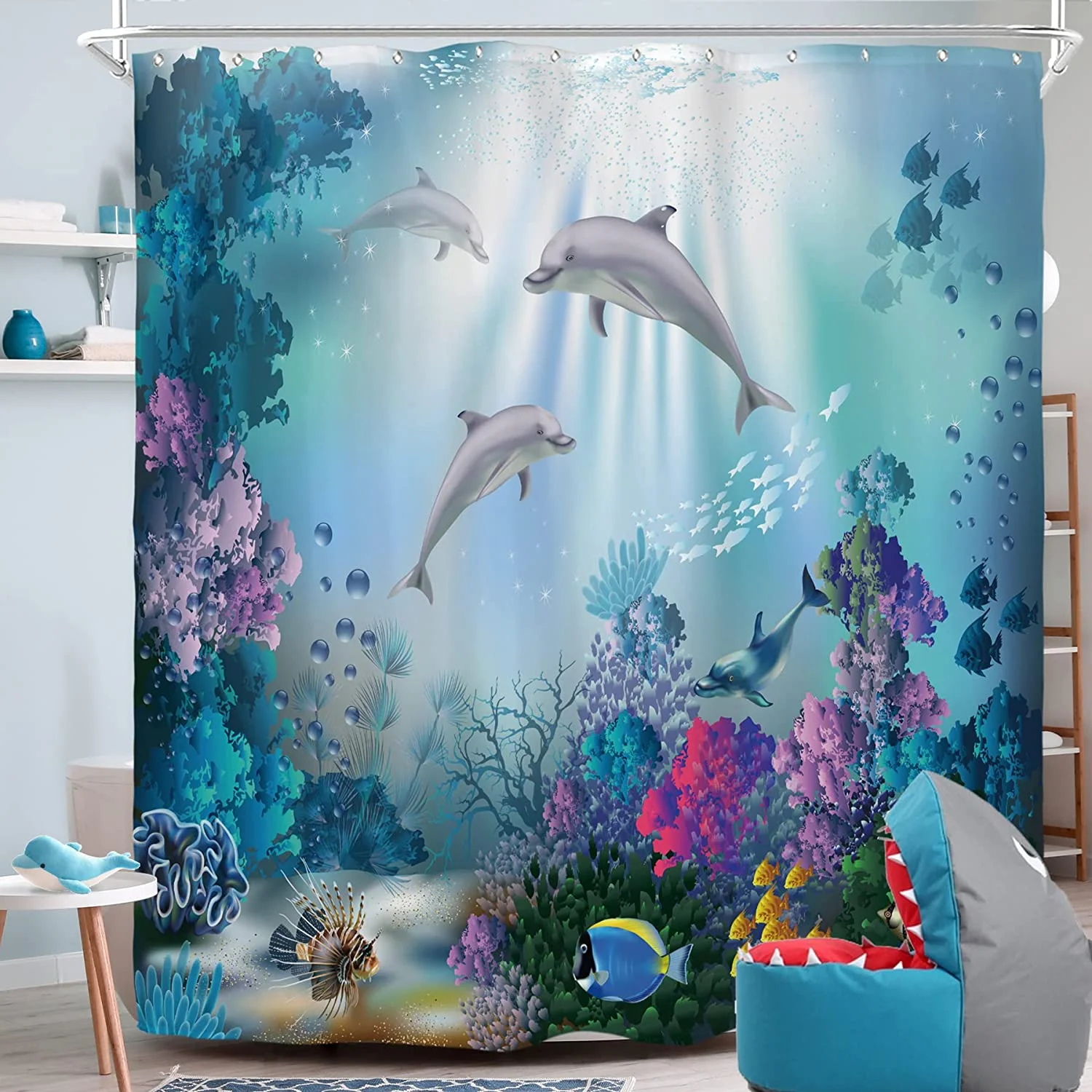 Newhomestyle Dolphin Shower Curtain Underwater Algaes Coral Reefs Sunbeam Tropical Fish Marine Wildlife Ocean Animal Seabed Bathroom Decor 72x72 inch