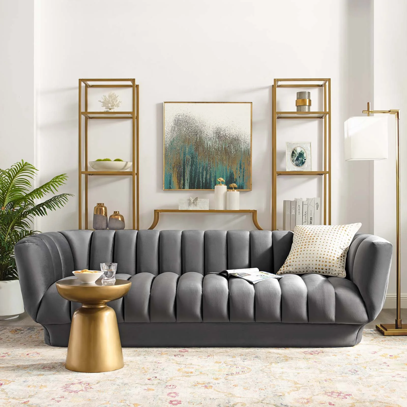 Contemporary Modern Urban Designer Living Room Lounge Club Lobby Sofa, Velvet Fabric, Grey Gray