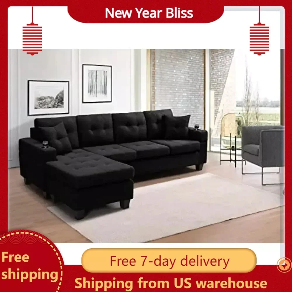Living room sofa L-shaped upholstered fold-down sofa bed with reversible chaise longue modern fabric furnishings, black