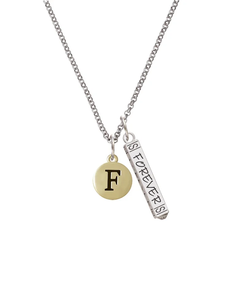 Delight Jewelry Goldtone Capital Letter - F - Pebble Disc - Silvertone Forever Bar Charm Necklace, 23