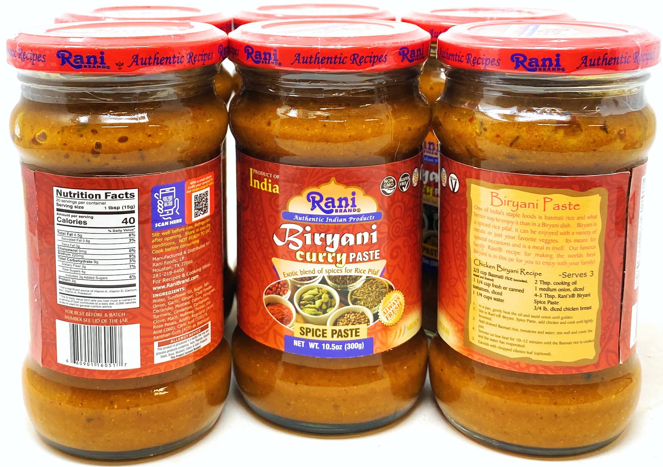 Rani Biryani Masala Curry Paste (Cooking Spice Paste for Indian Rice Dishes, Pullao / Pilau) 10.5oz (300g) Glass Jar, Pack of 5+1 FREE ~ All Natural | Vegan | No Colors | Gluten Free | NON-GMO | India