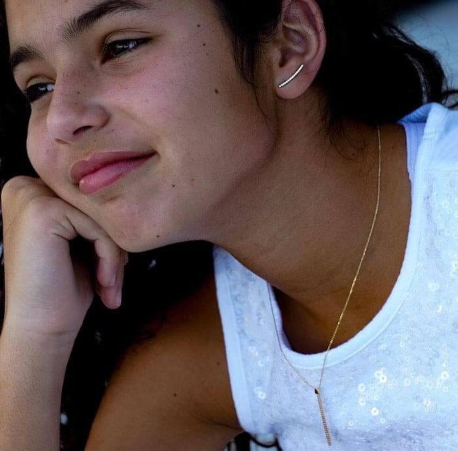 18K Solid Yellow Gold Thin vertical Swarovski Bar Necklace