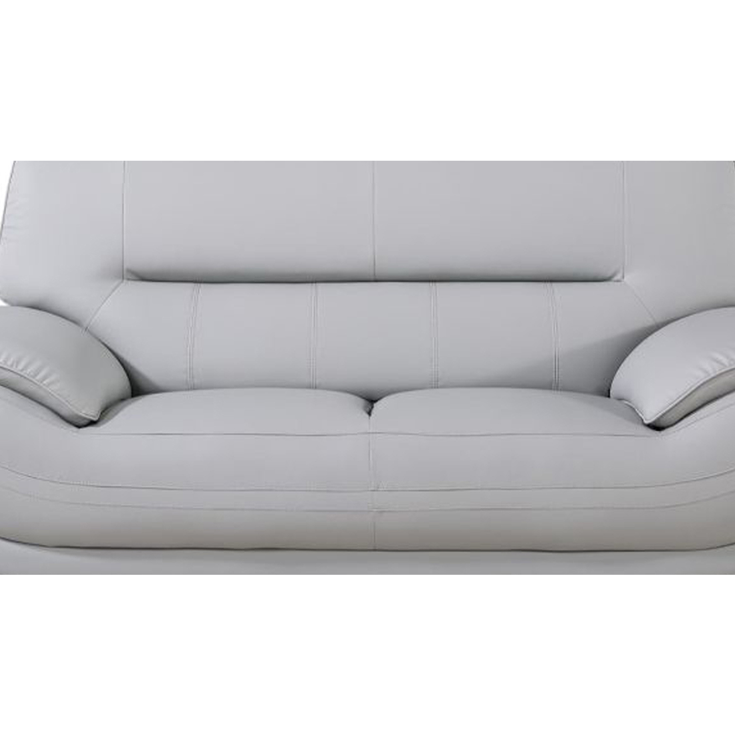 Benjara Faux Leather Upholstered Wooden Loveseat with Pillow Top Armrest, Light Gray and Silver