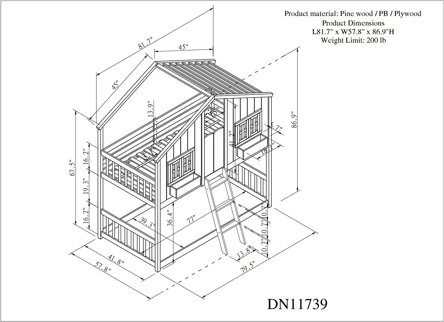 House Buk Bed Over Kids Buk Bed Wood Frame With Roof, Widow, Widow Box, Door, Safety Guardrails Ad Ladder, For Girls Boys ( Size, White)
