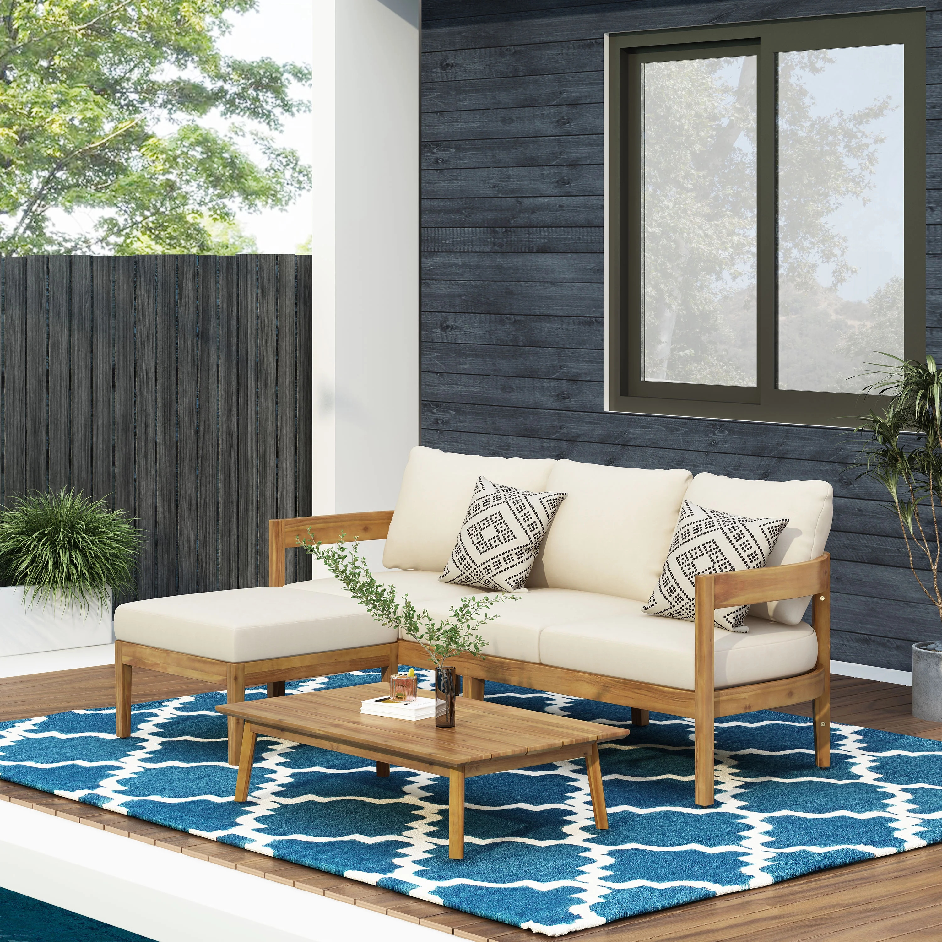 GDF Studio Brooklyn Outdoor Acacia Wood 3 Seater Sofa Chat Set with Ottoman, Beige