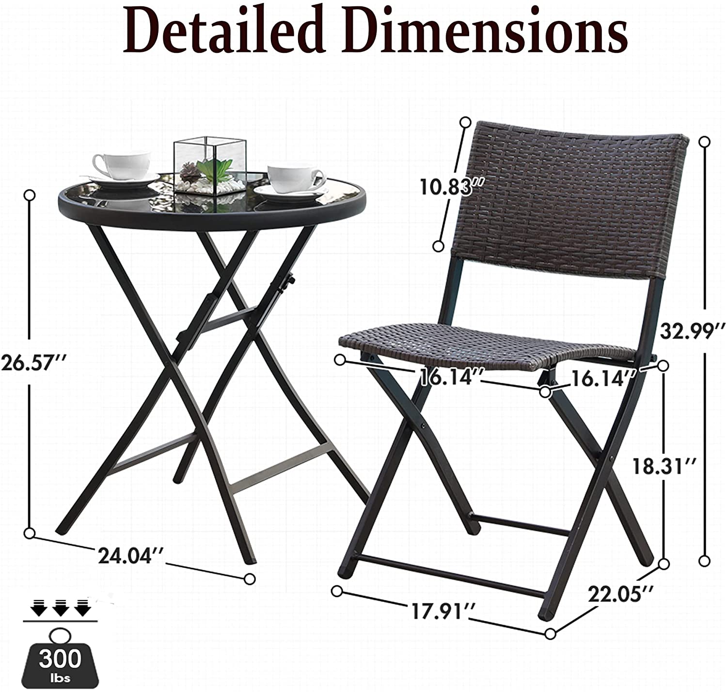 QCAI 3 Pieces Outdoor Patio Bistro Set, Wicker Patio Furniture Sets with Folding Patio Round Table and Chairs for Garden, Backyard,Balcony, Porch