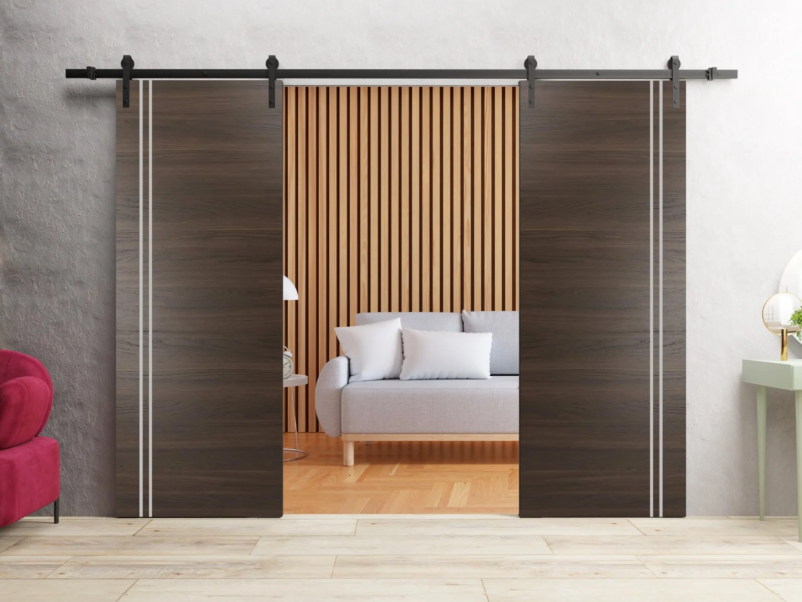 Sturdy Double Barn Door 36 x 80 inches with | Planum 0310 Chocolate Ash with Frosted Glass | 13FT Rail Hangers Heavy Set | Solid Panel Interior Doors