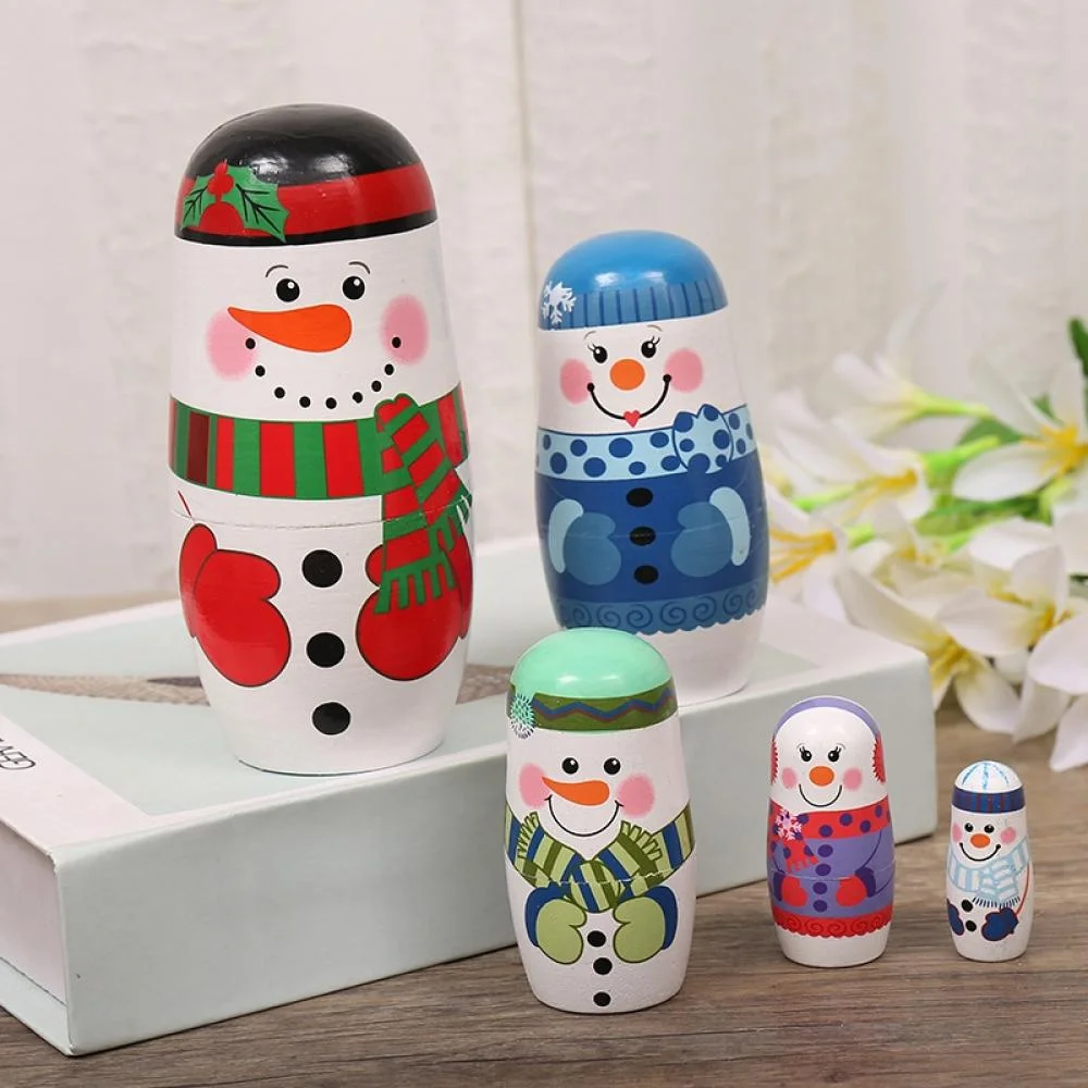 5Pcs Cartoon Snowman Nesting Dolls,Wooden Different Pattern Small Snowman Handmade Matryoshka Crafts Dolls for Christmas New Year Party Home Ornaments Holiday Decoration-5.5 inch Stacking Doll Set