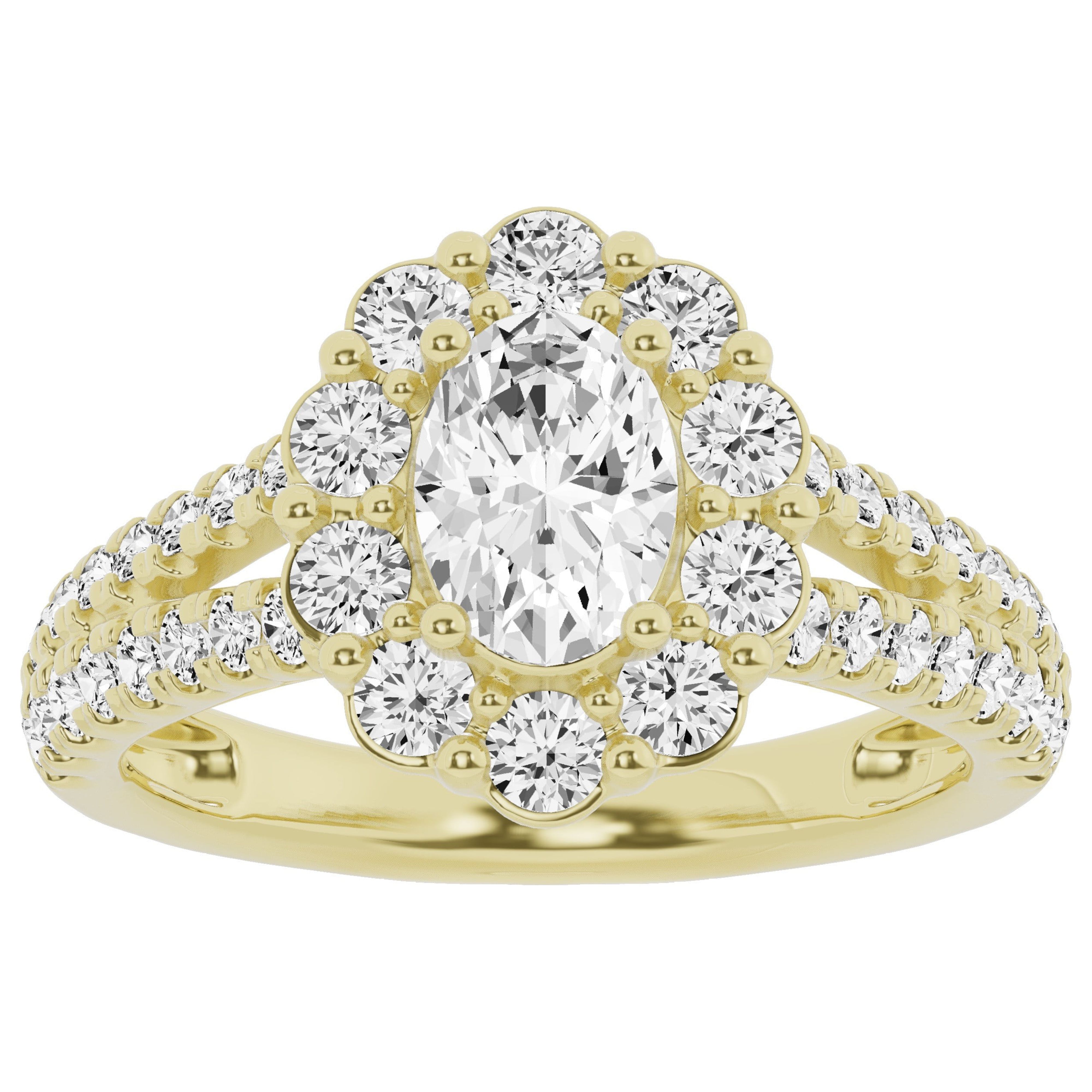 Unique Moments 2ct Lab-Grown Oval Split Shank Halo Diamond Engagement Ring 10k Yellow Gold