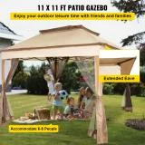 SKYSHALO Patio Gazebo Canopy 11x11ft Outdoor 2-Tier Tent Shelter Awning Steel w/Netting