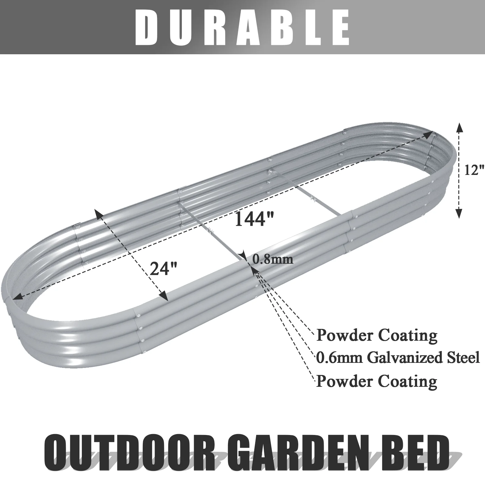 Tramull 12x2x1FT Galvanized Raised Garden Bed Kit Oval Metal Ground Planter Box Outdoor Bottomless Planter Raised Beds for Vegetables Flowers Herbs Fruits, Gray