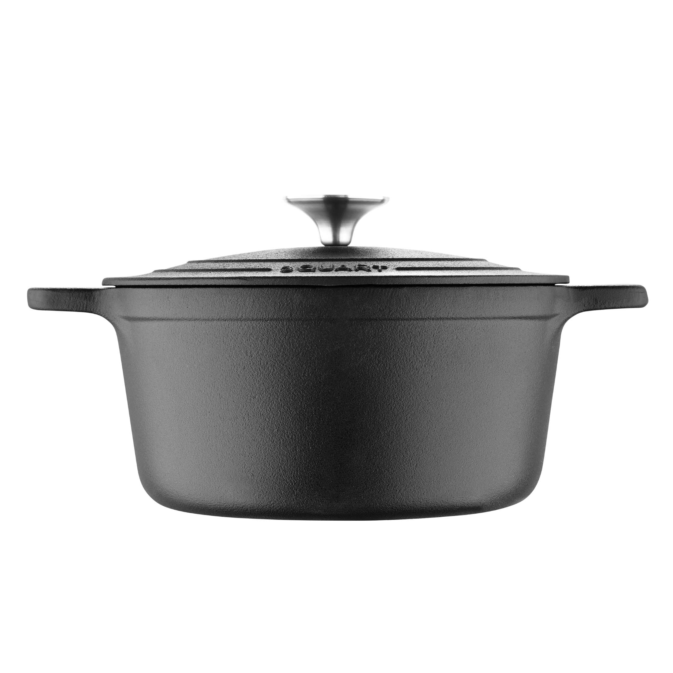 BBQ by MasterPRO - 3 Qt Pre Seasoned Cast Iron Round Dutch Oven with Self Basting Lid and Stainless Steel Handle, 3 Quarts, Black