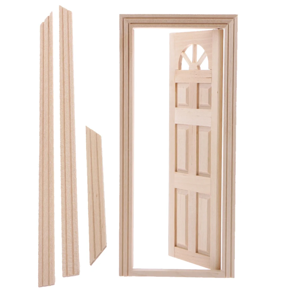 1/12 Dolls House Miniature Unpainted Wooden Exterior Door 6 with Frame