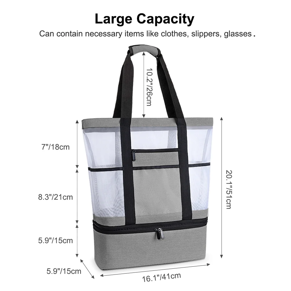Vbige Mesh Beach Bag for Women | Large Capacity Detachable Tote Bag Shoulder Bag with Insulated Cooler Bag and Free Waterproof Cellphone Bag for Girls, Gray