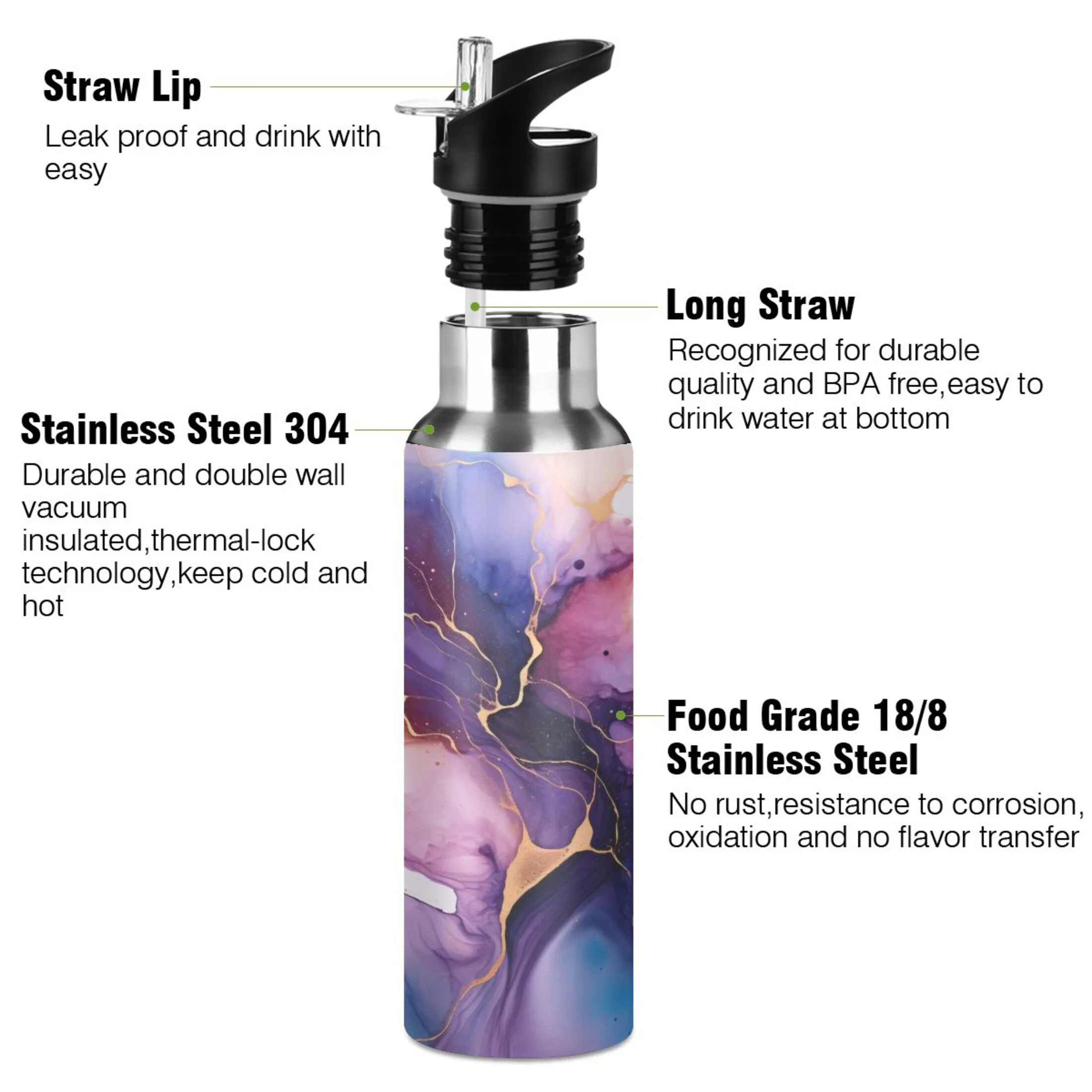Water Bottle with Straw Lid Leak Purple and Blue Marble Stainless Steel Insulated Thermos Vacuum Flask for Cold Hot Drinking for Sports Camping Gym Yoga