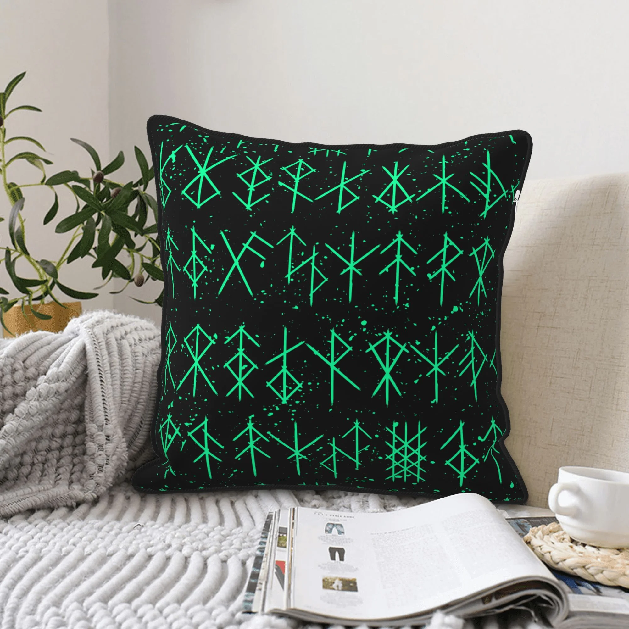DouZhe Velvet Decorative Throw Pillow Covers Set of 2, Soft Square Cushion Cover with Invisible Zipper Nordic Viking Mystic Runes Green Printing, 20