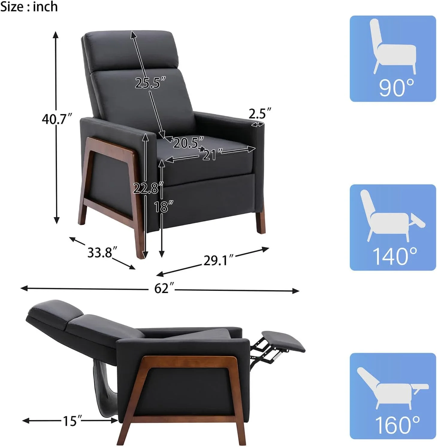 Wood Recliner Chair, Modern PU Leather Accent Chair, Adjustable High Backrest, Home Theater Seating with Thick Cushion, Upholstered Lounge Chair for Living Room, Bedroom, Office, Hotel, Black