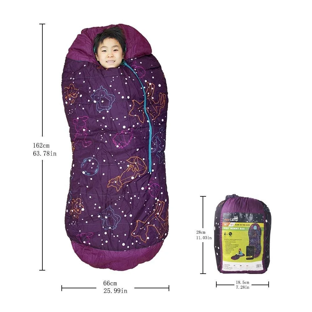 AceCamp Kids Sleeping Bags for Boys Girls Glow-in-The-Dark Sleeping Bag Blue Purple Mummy Style Toddler Extreme Temp Rating 30F/ -1C Great for Slumber Party/Travel/Camping - (Purple - Kids