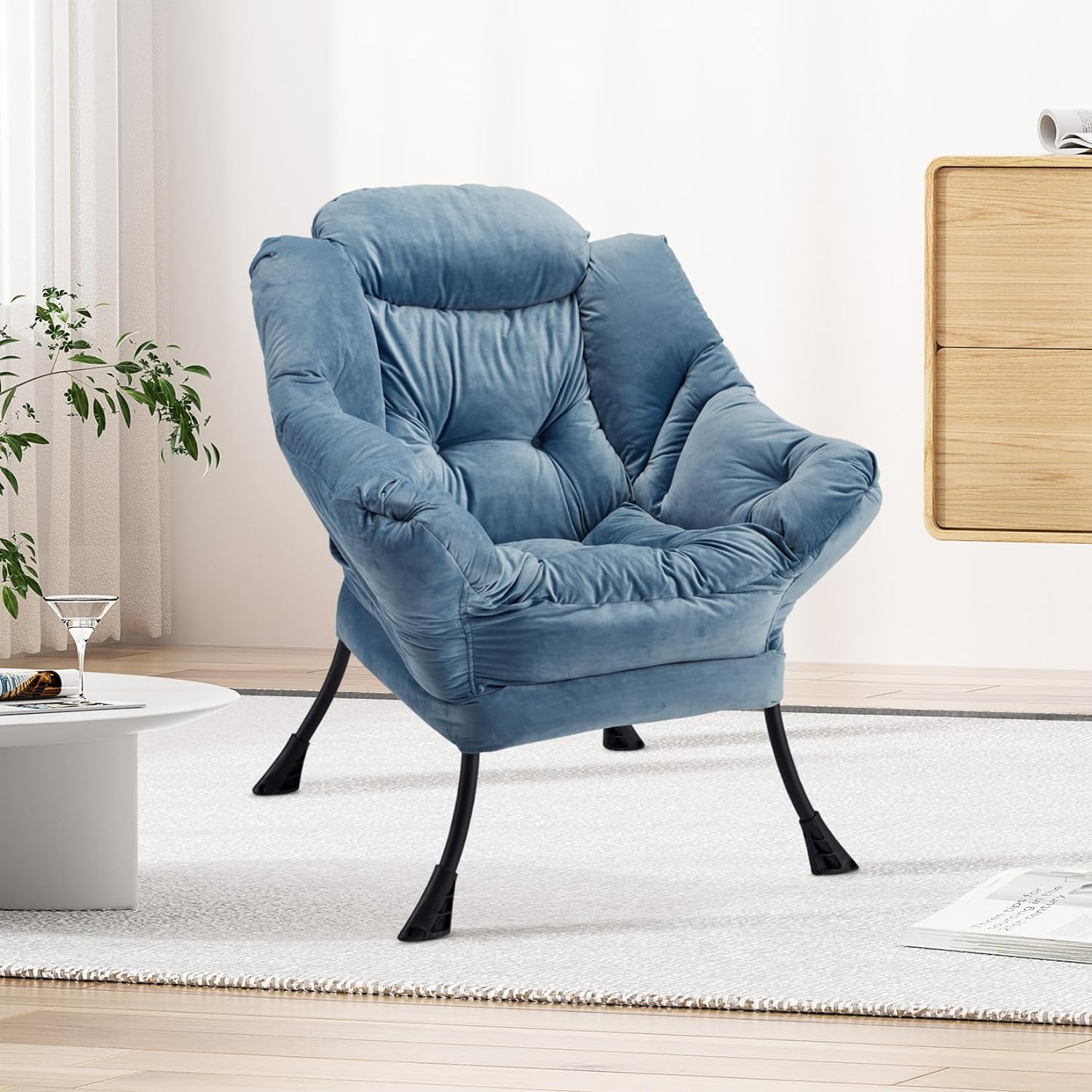 Lazy Chair,Leisure Sofa Chair Come w/a Steel Frame,Velvet Frabic Modern Lounge Accent Chair with Armrests and a Side Pocket,Upholstered Reading Chair for Living Room,Bedroom,Dorm Rooms,Blue