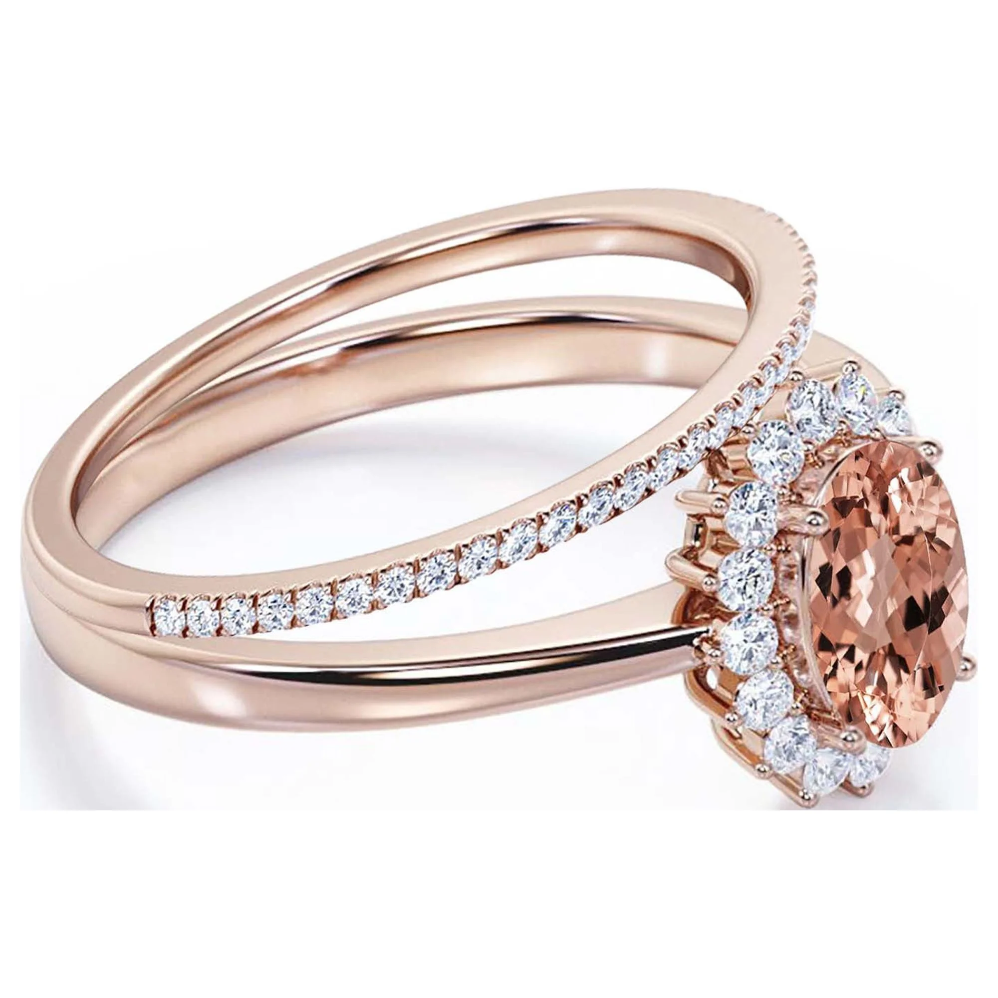 Beautiful Minimalist 2.00 Carat Oval Cut Morganite And Diamond Moissanite Engagement Ring, Classic Halo Wedding Ring, One Matching Band in 10k Solid Rose Gold Band, Gift For Her, Promise Ring