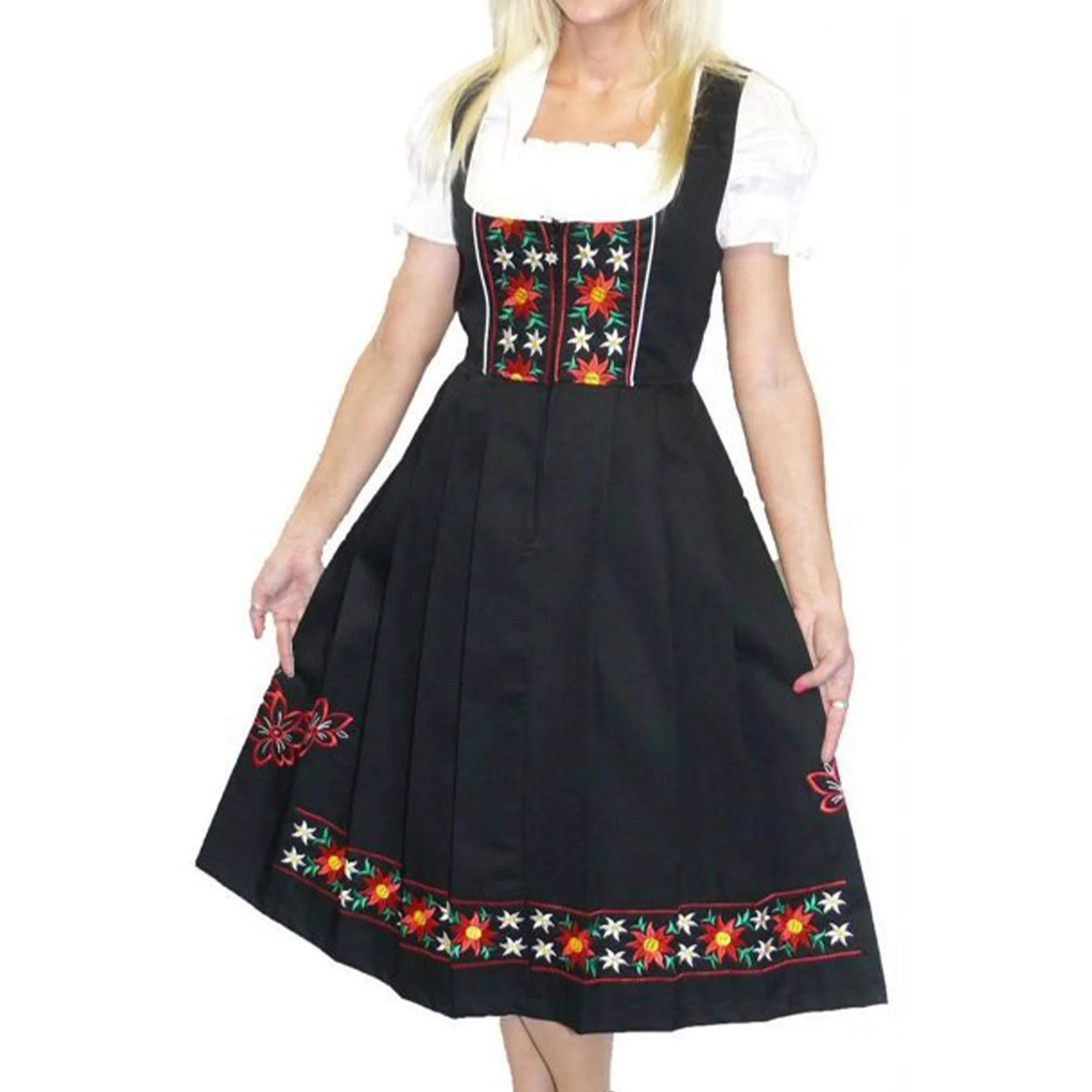 Dirndl Trachten Haus 3 Piece Long German Oktoberfest Dirndl Cotton Dress for Womens and Girls - Black