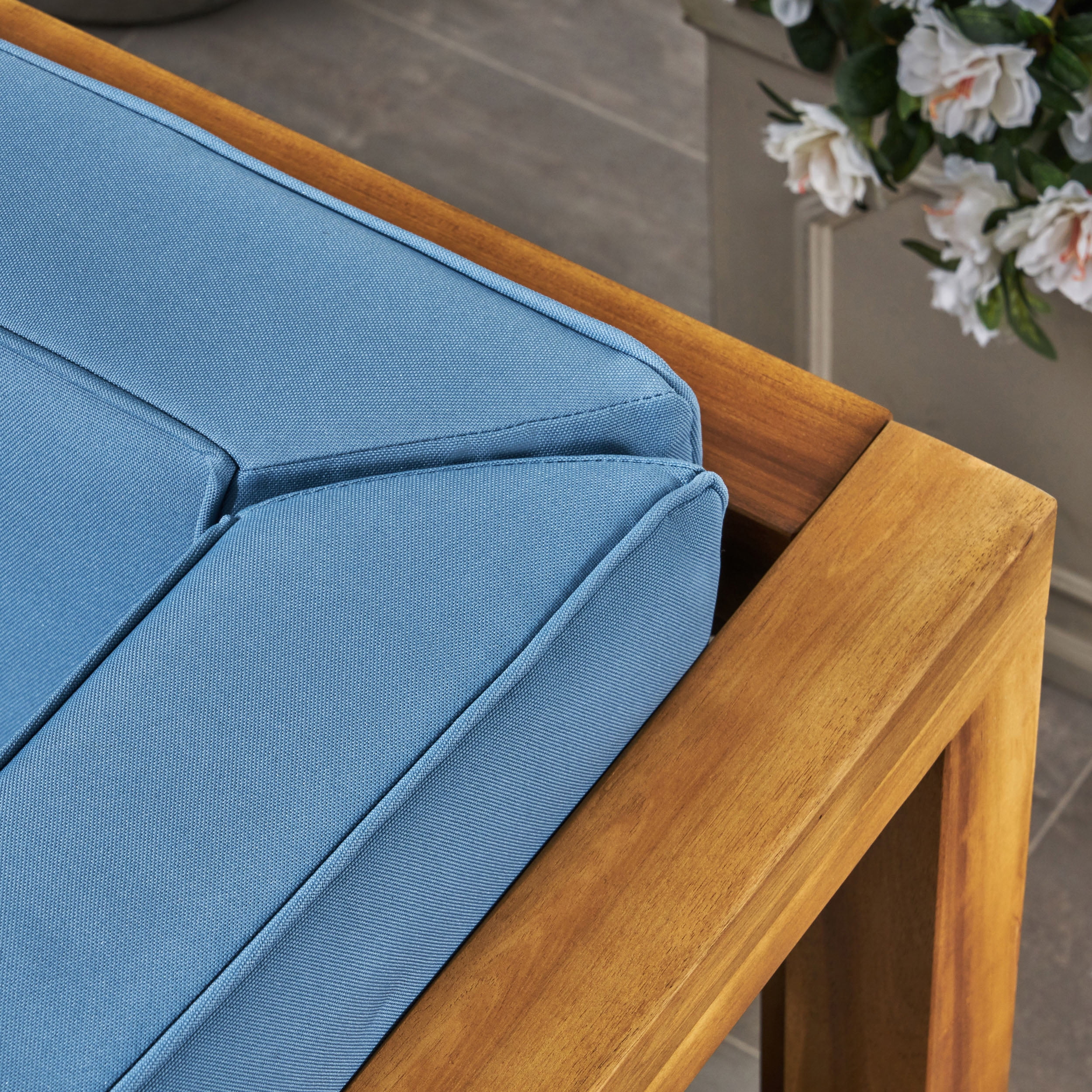 GDF Studio Keith Outdoor Acacia Wood 6 Seater Sofa Chat Set with Cushions, Teak and Blue