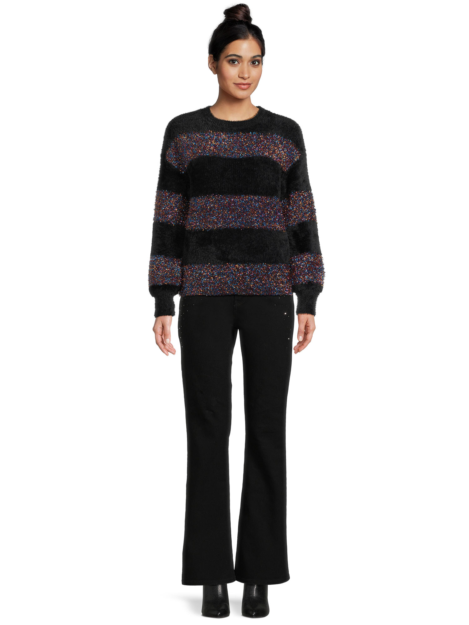 99 Jane Street Women's Metallic Stripe Pullover Sweater with Long Sleeves, Sizes S-3XL