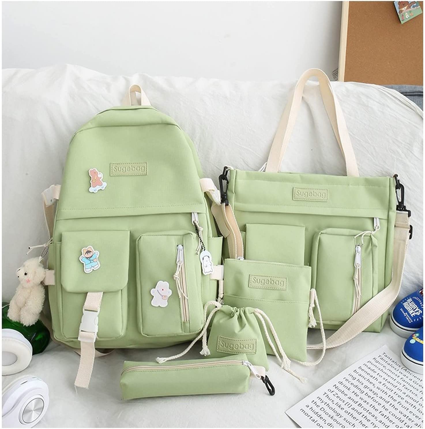 5Pcs Kawaii Cute Backpacks Combo Set with Bear Pendant & Pins - Back To School Supplies Cottagecore Daypack Bag Kit with Pencil Case Tote