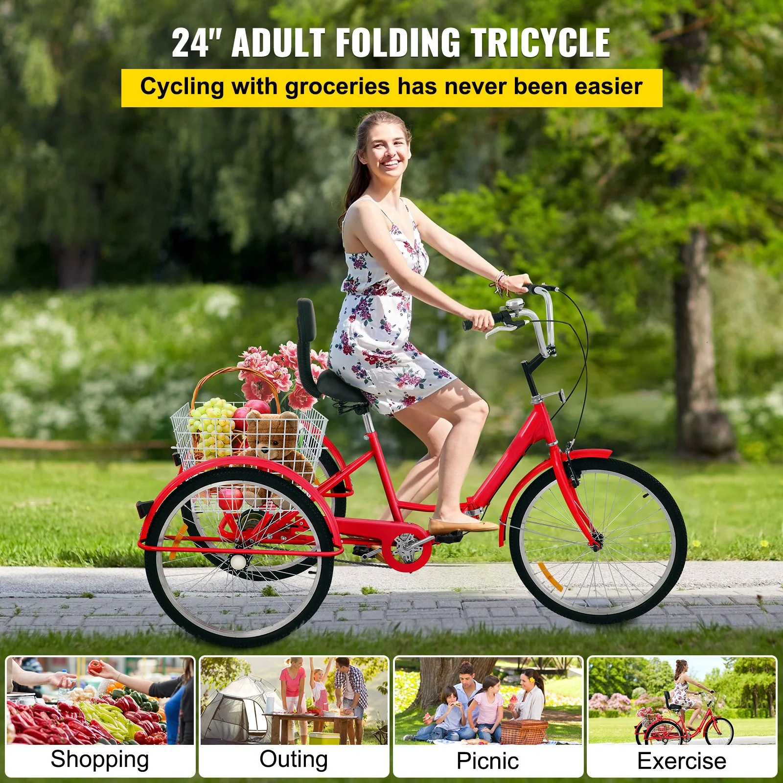 BENTISM Foldable Tricycle Adult 24'' Wheels Adult Tricycle 1-Speed 3 Wheel Bikes For Adults
