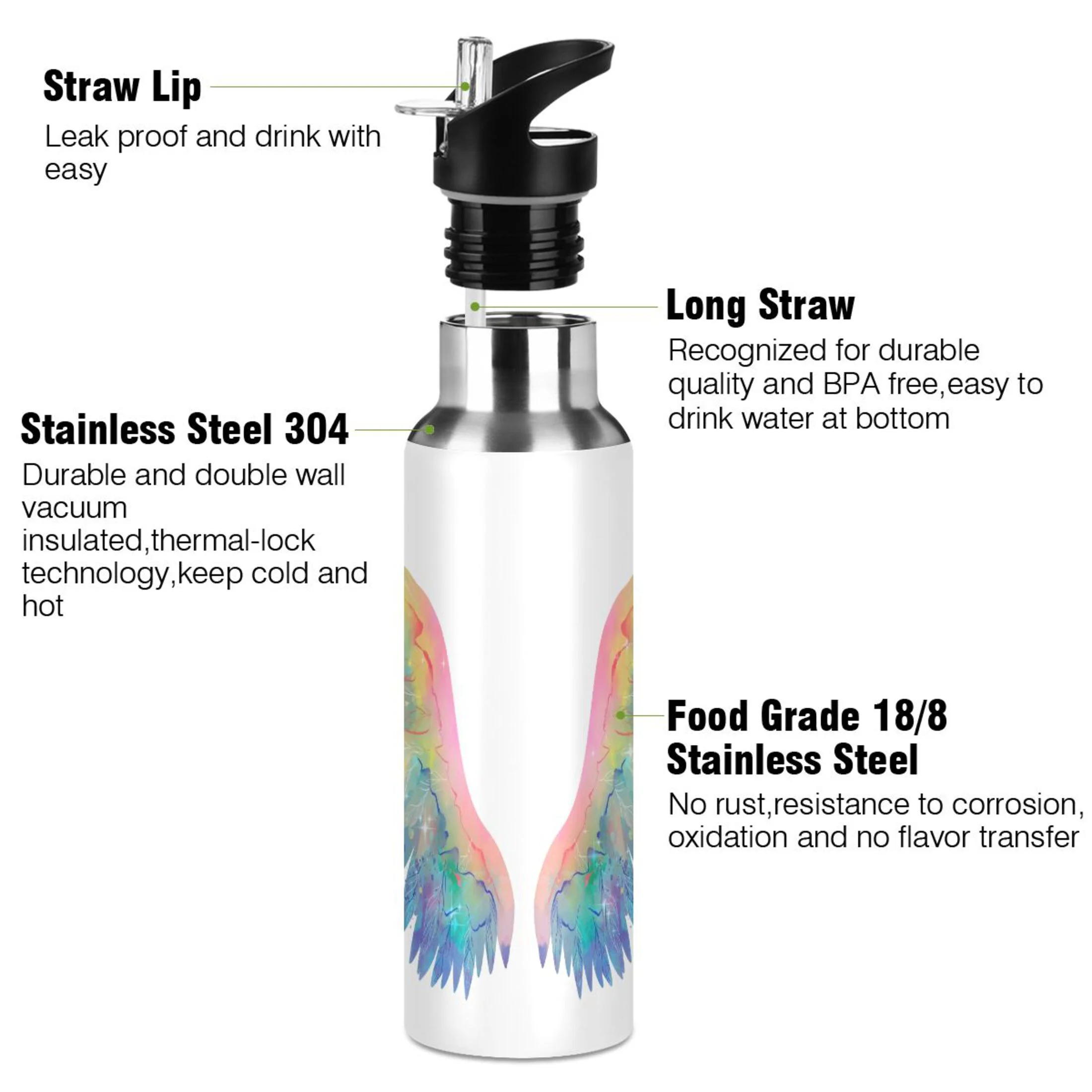 Water Bottle with Straw Lid Leak Magic Shiny Rainbow Wings Colorful Stainless Steel Insulated Thermos Vacuum Flask for Cold Hot Drinking for Sports Camping Gym Yoga