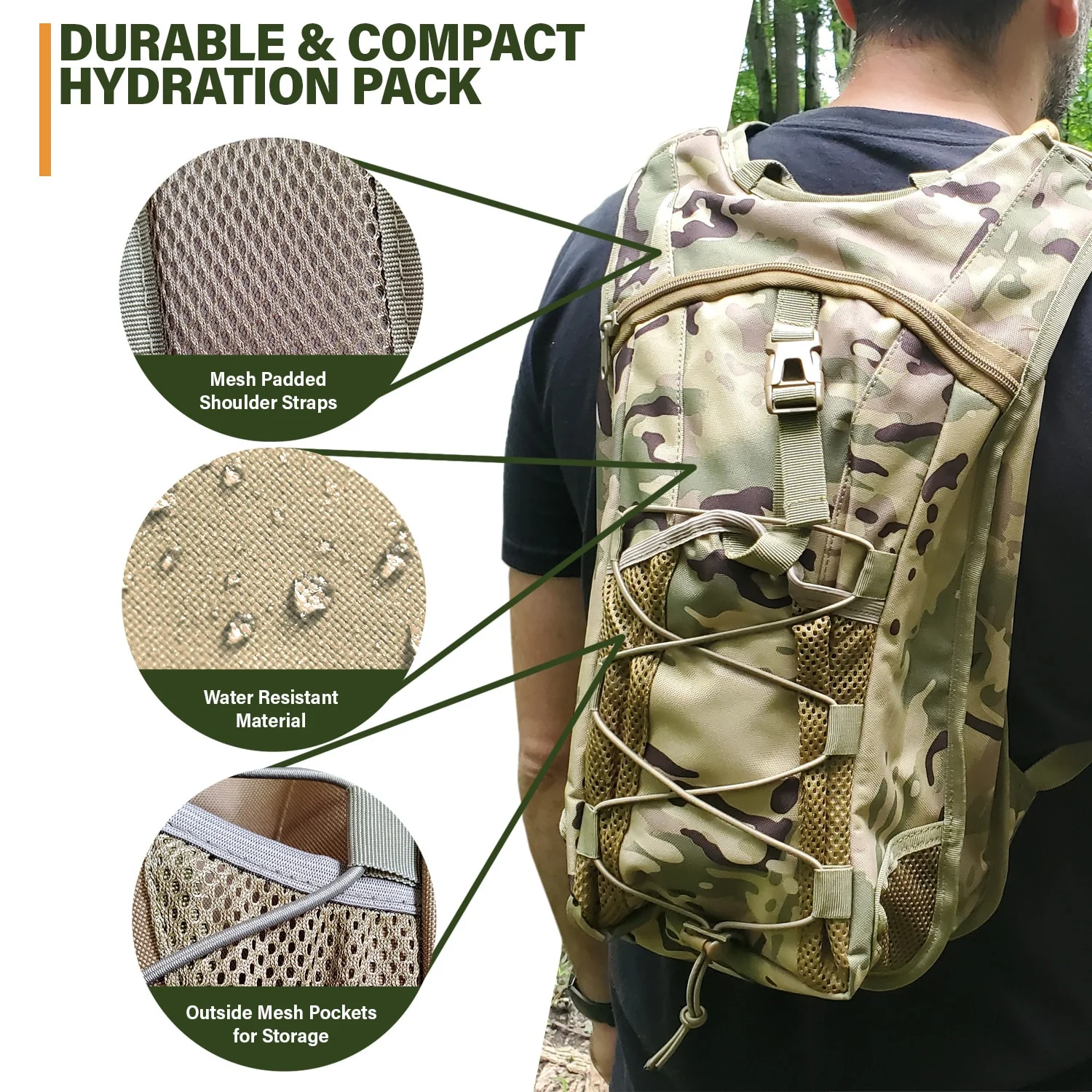 MilTac Hydration Pack with 3L Leak-Proof Water Bladder, Daypack for Hiking, Cycling, Running, Hunting & More, Camo