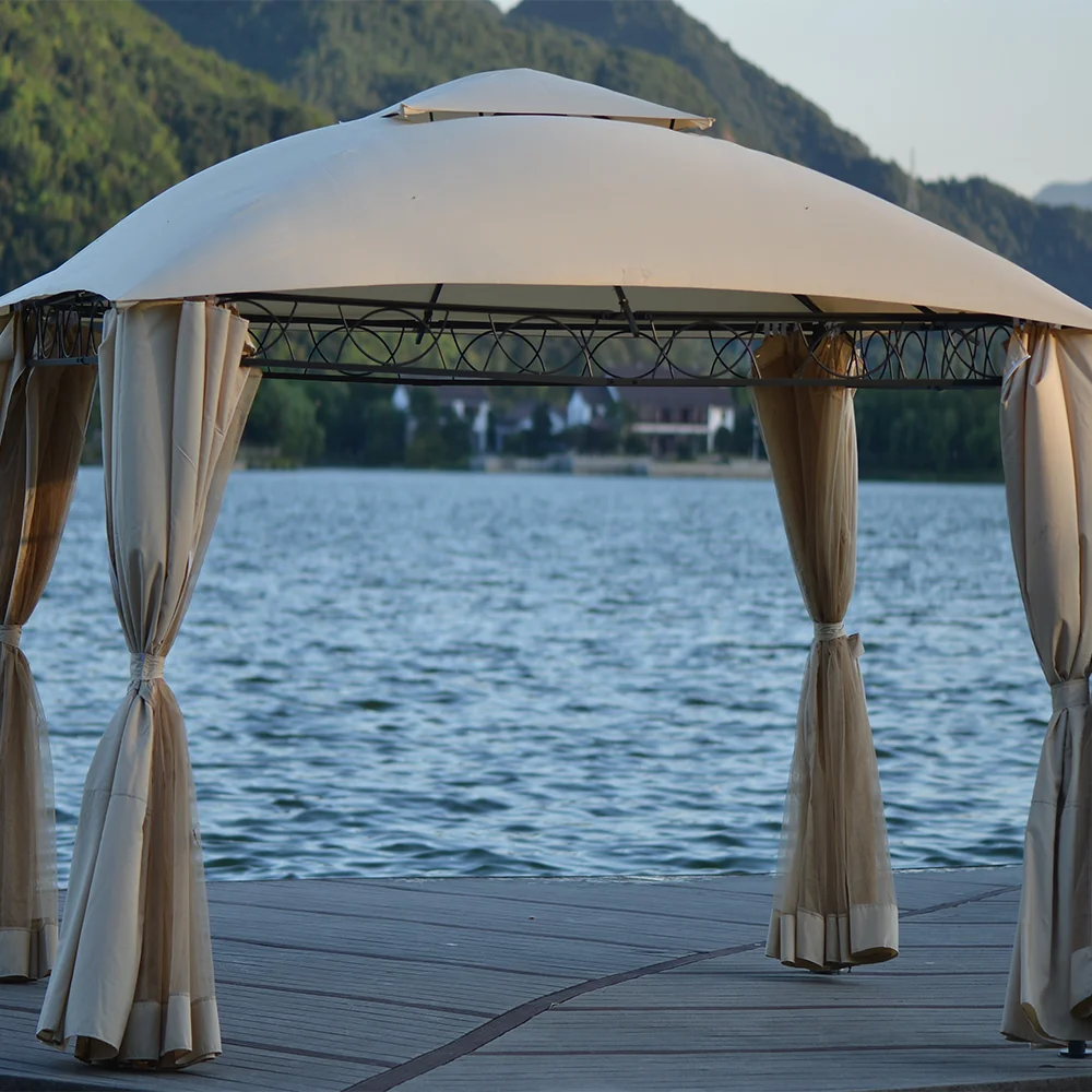 12x10ft Outdoor Hardtop Gazebo Patio Canopy Shelter Awning Tent Gazebo with Mosquito Netting for Backyard, Party, Family Outings - Beige