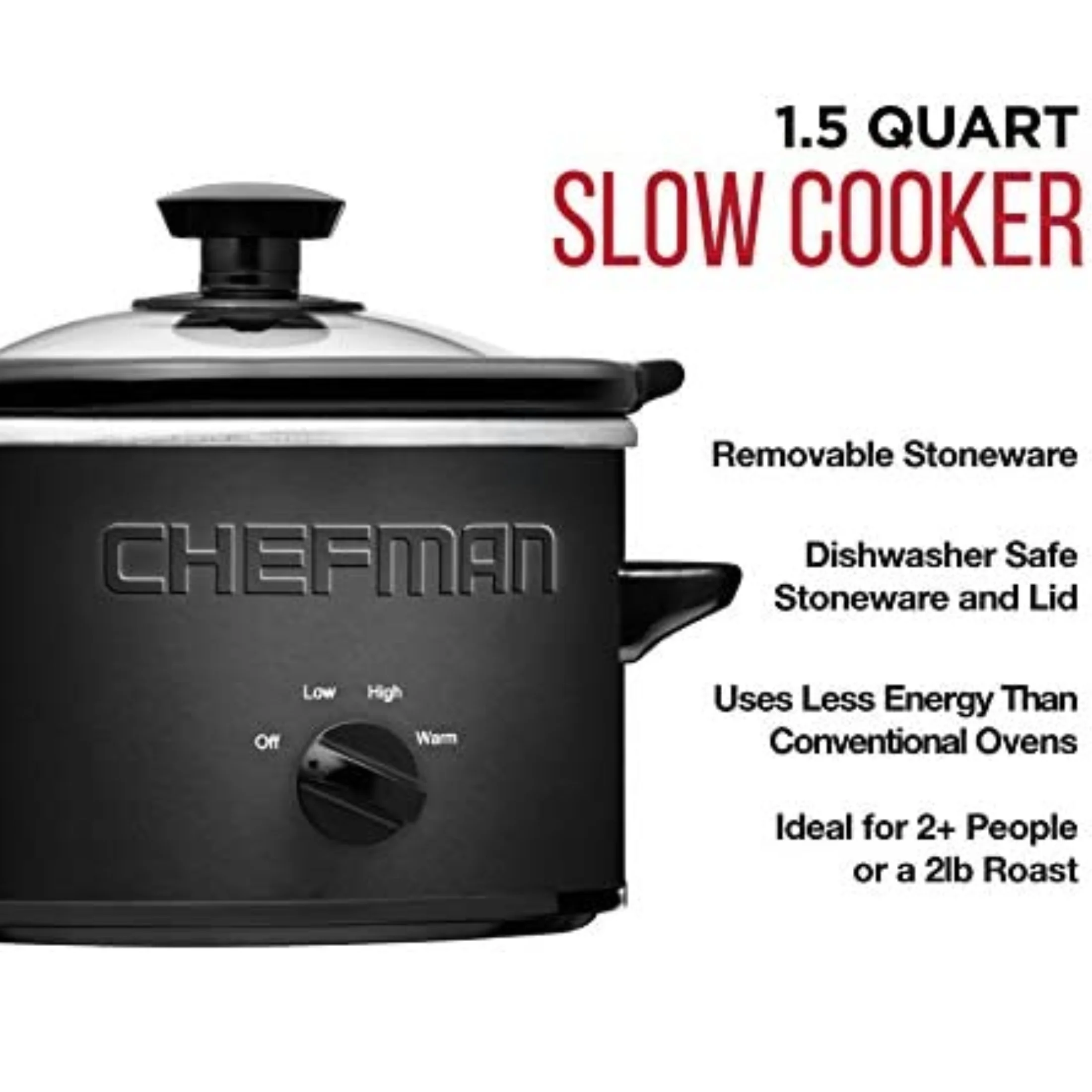 Chefman Slow Cooker, Compact Personal Size for 2+ People, Fits 2 lb Roast, Removable Crock, Dishwasher Safe Stoneware & Lid, 1.5 Quart, Black & CUSTOM Storage Carrier