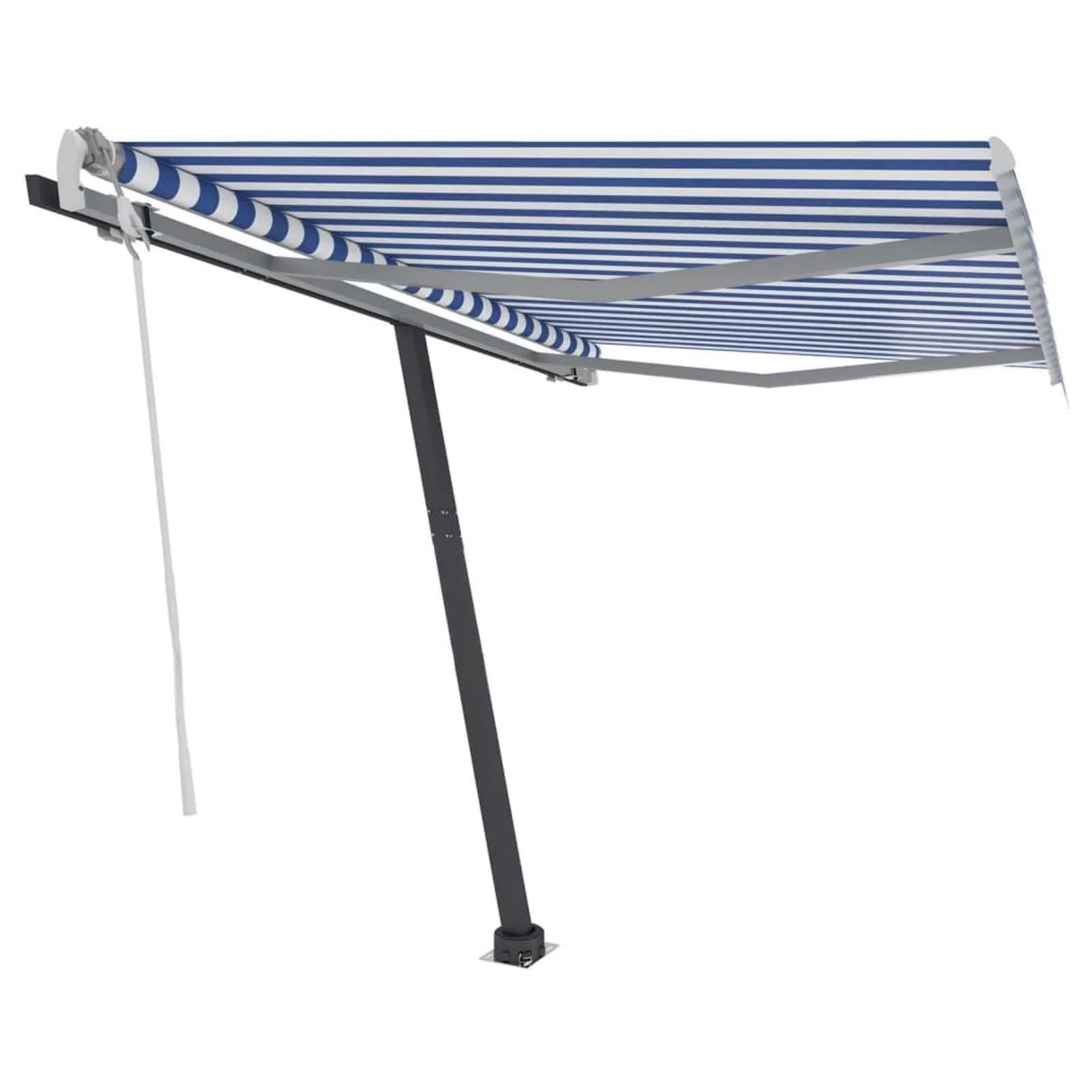 Dcenta Freestanding Manual Retractable Awning with Base Outdoor Canopy Sunshade Shelter Blue and White for Patio, Balcony, Backyard, Garden, Deck 118.1 x 98.4 Inches (W x H)