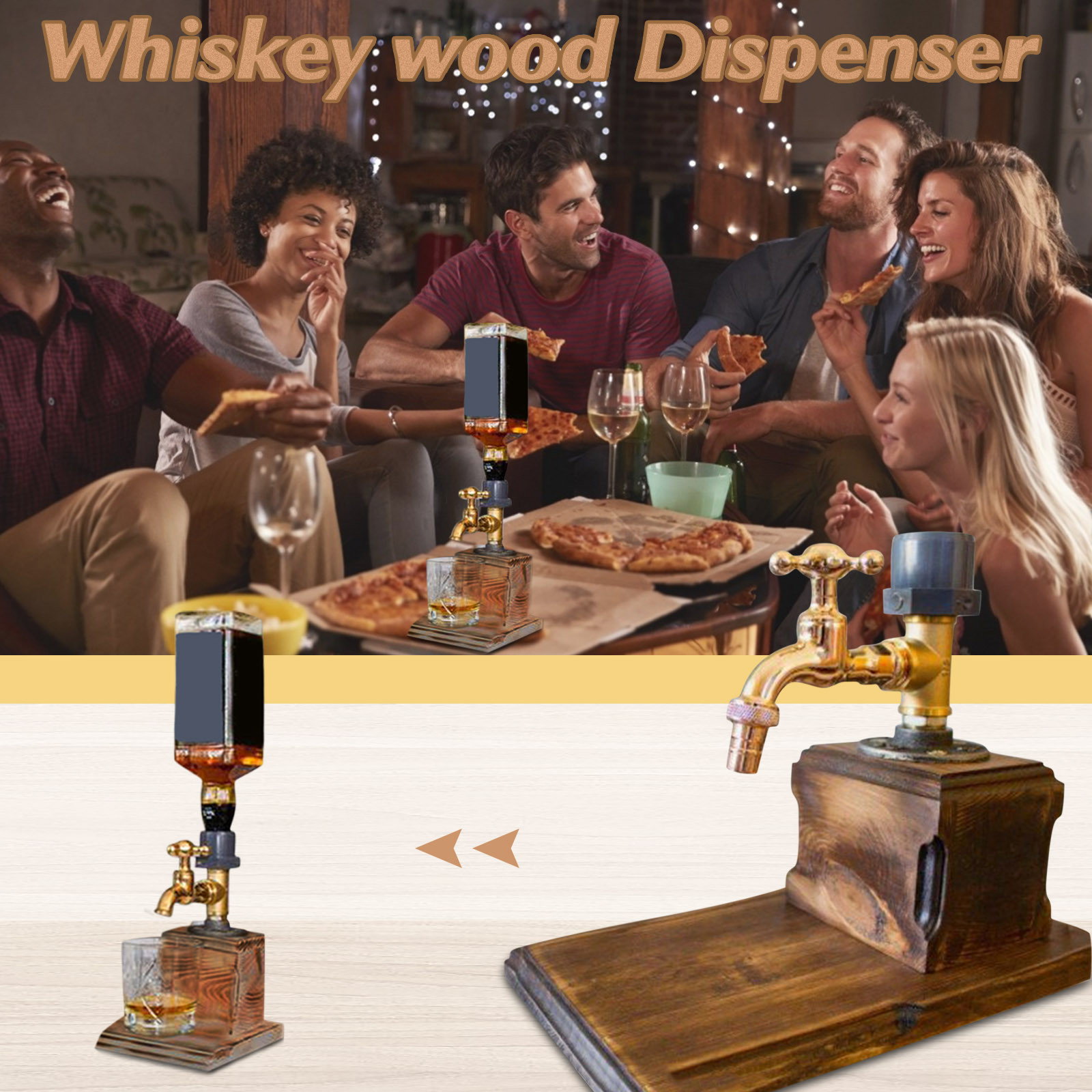 Liquor Alcohol Whiskey Wood Dispenser, Whiskey Wood Dispenser Faucet Shape for P