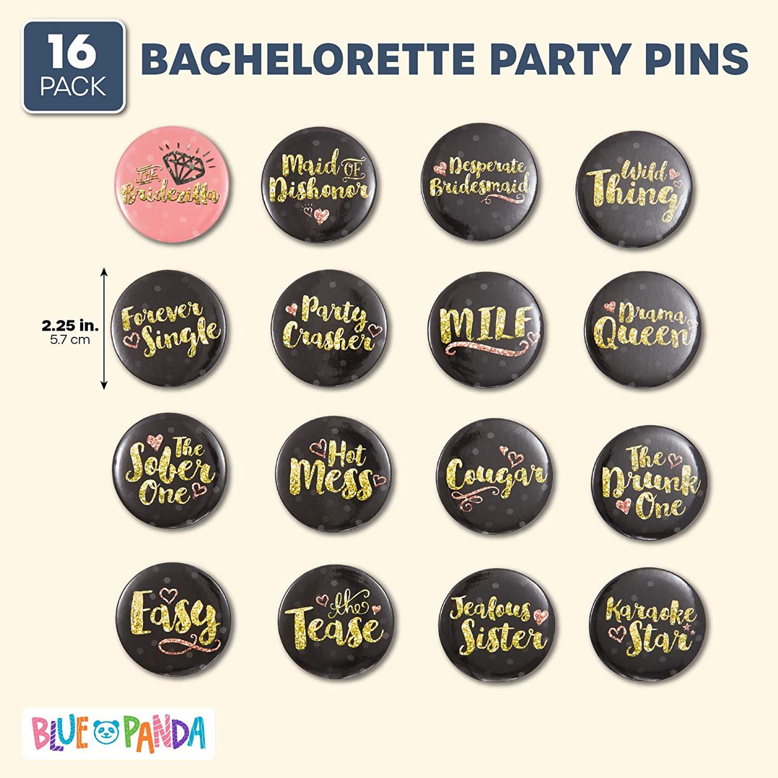 Bachelorette Party Buttons, Bridal Shower Pins in 16 Designs (2.25 in, 16-Pk)