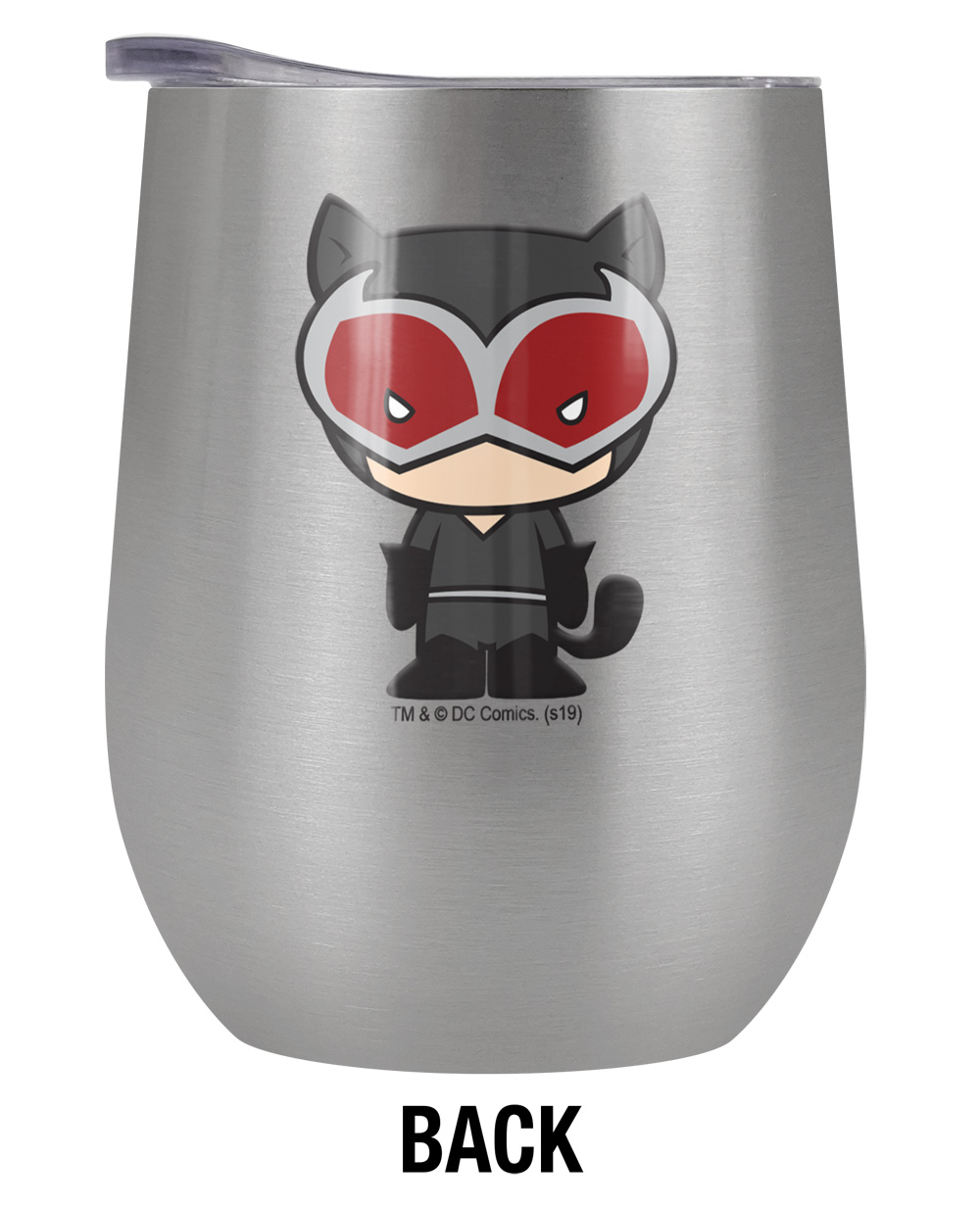 Batman - Catwoman Official Catwoman Cute Chibi Character 12 OZ Stemless Wine Tumbler, Stainless Steel Travel Cup|Lake Tumbler|Insulated with Leak Resistant Slide-Lock Lid, Stainless Steel