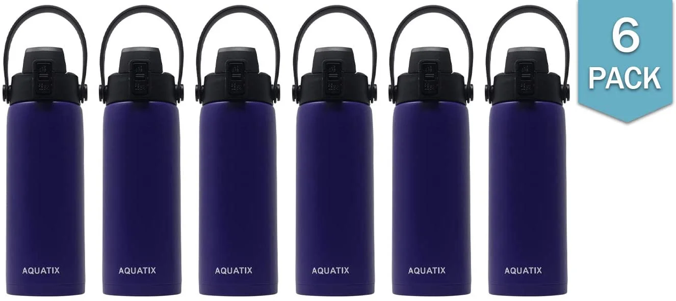 6-Pack (Purple) - Aquatix 21 Ounce Pure Stainless Steel Double Wall Insulated Sports Water Bottle Convenient Flip Top Removable Strap Handle - Keeps Drinks Cold 24 hr/Hot 6 hr. Perfect for Gifts
