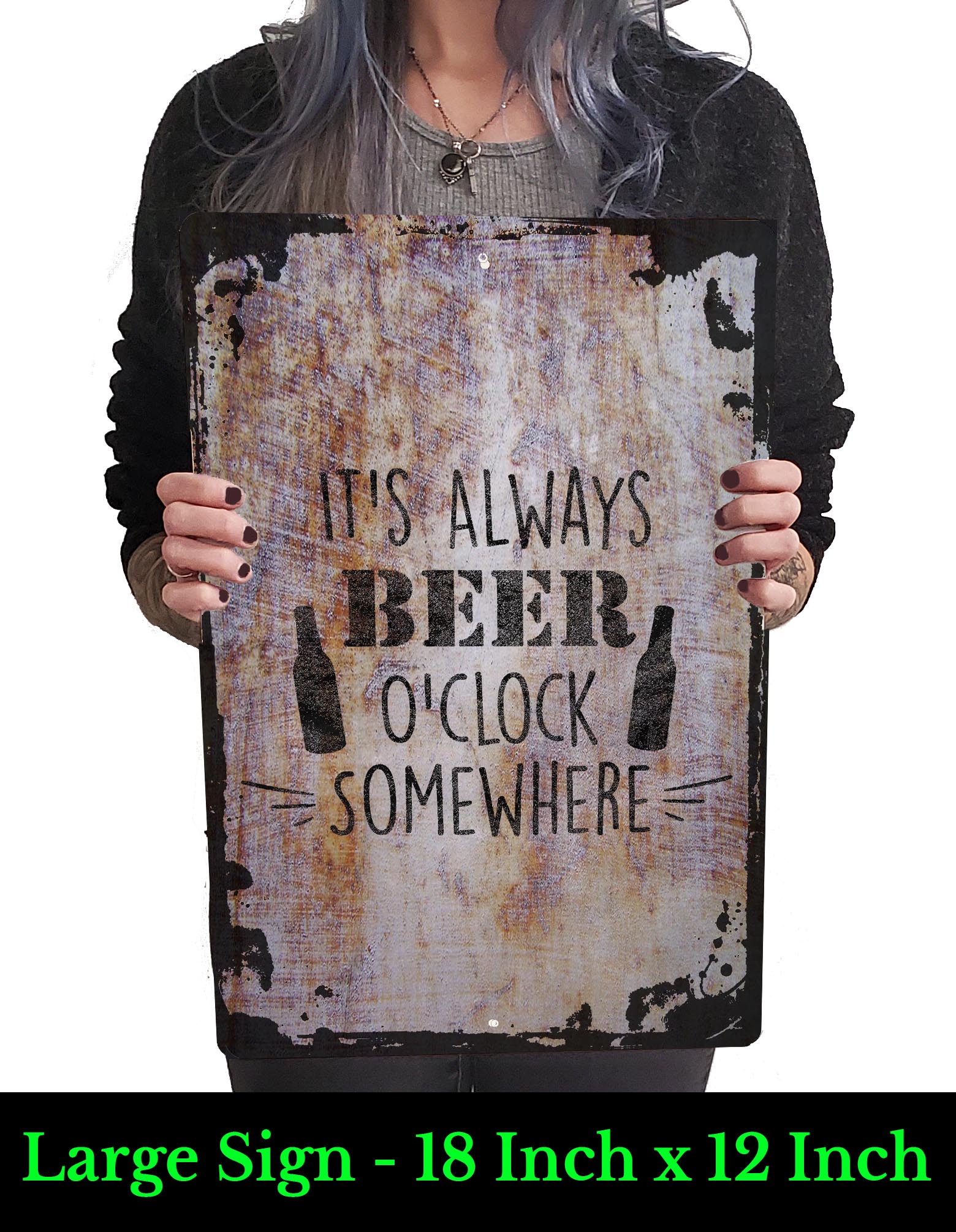 It's Always Beer O'clock Somewhere Bottles Funny Drinking Booze Beige Wall Art Decor Funny Gift 12 x 18 Inch