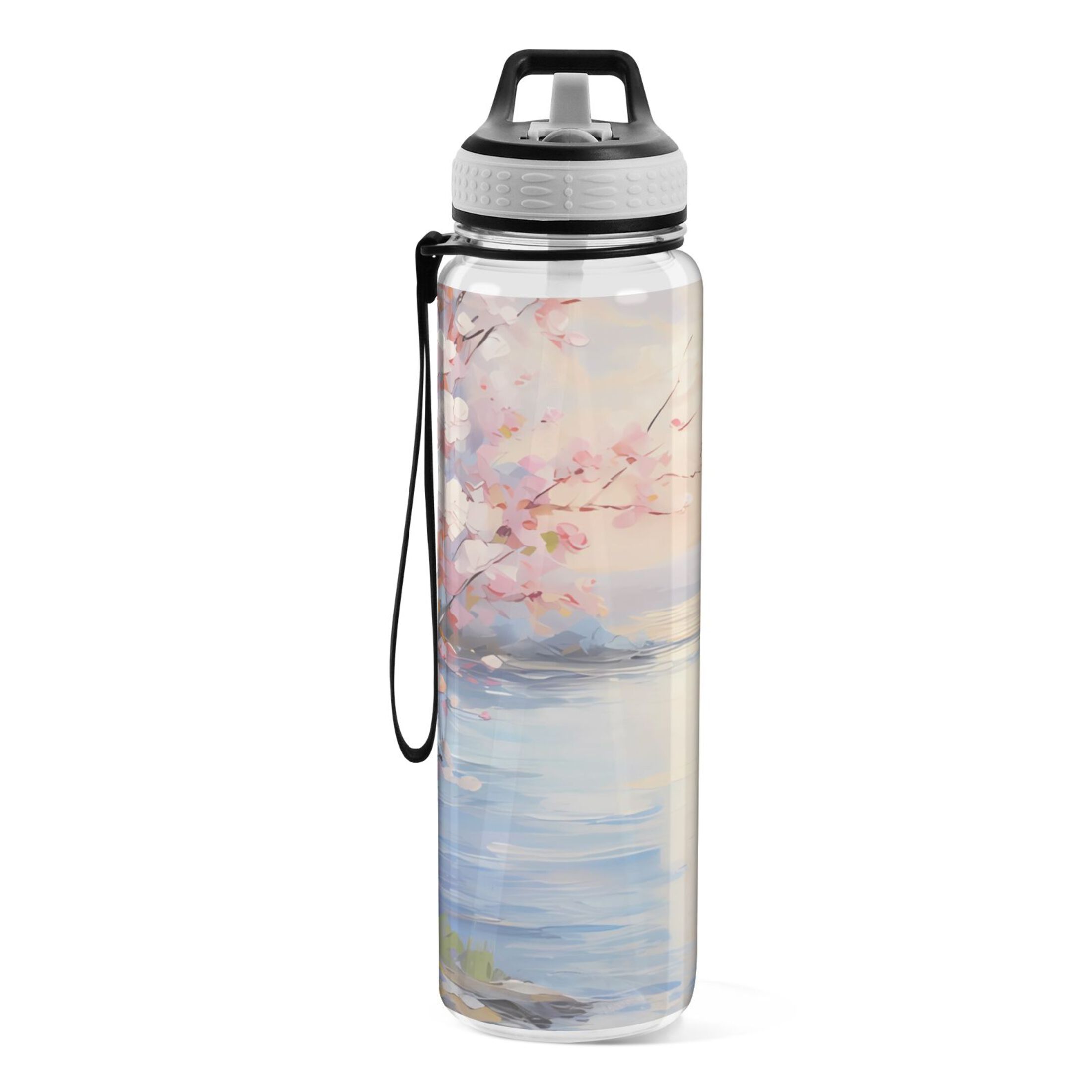 Cherry Flowers 32oz Water Bottles with Straw Tritan Leakproof Sports Bottle BPA Free Clear for Fitness Gym Swimming Cycling