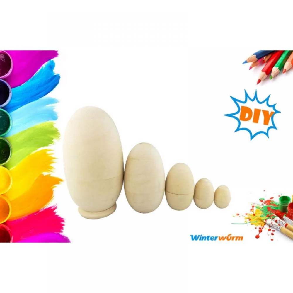 Unpainted Blank Wooden Egg Shape Russian Nesting Dolls Matryoshka Dolls Set 5 Pieces for Kids Toy Birthday Home Decoration Parent-Child Time Easter Egg