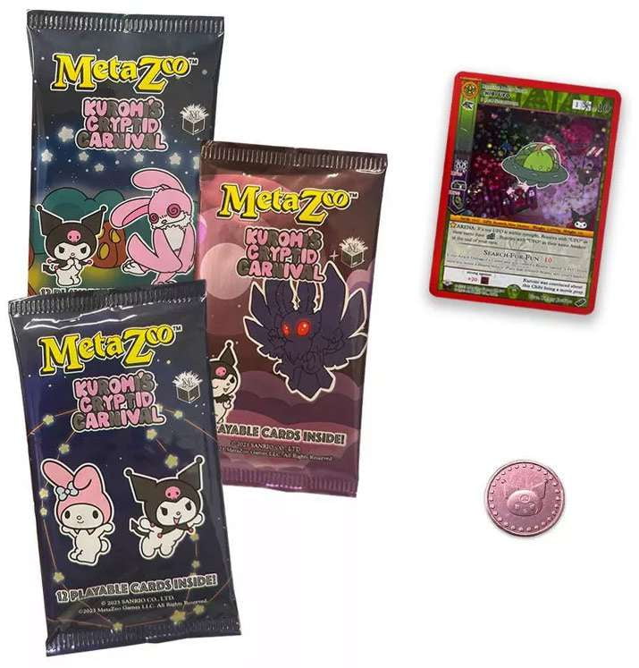 MetaZoo Trading Card Game Kuromi's Cryptid Carnival Special Edition Bundle Set (3 Booster Packs + Tarot Card, Promo Card & Coin)