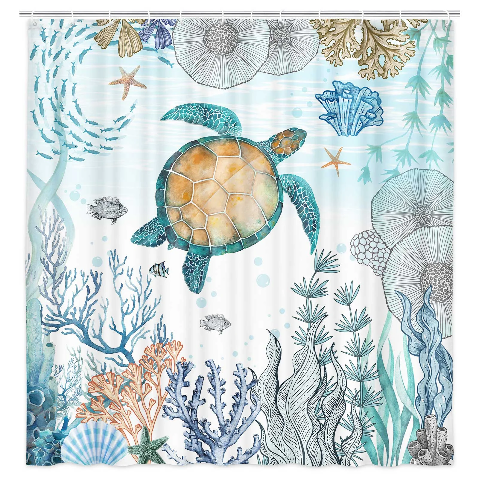 Sea Turtle Shower Curtain, Ocean Animal Starfish Seagrass Coral Reef Fish Shower Curtain for Bathroom, Nautical Beach Fabric Shower Curtain with Hooks 69 x 70 Inch