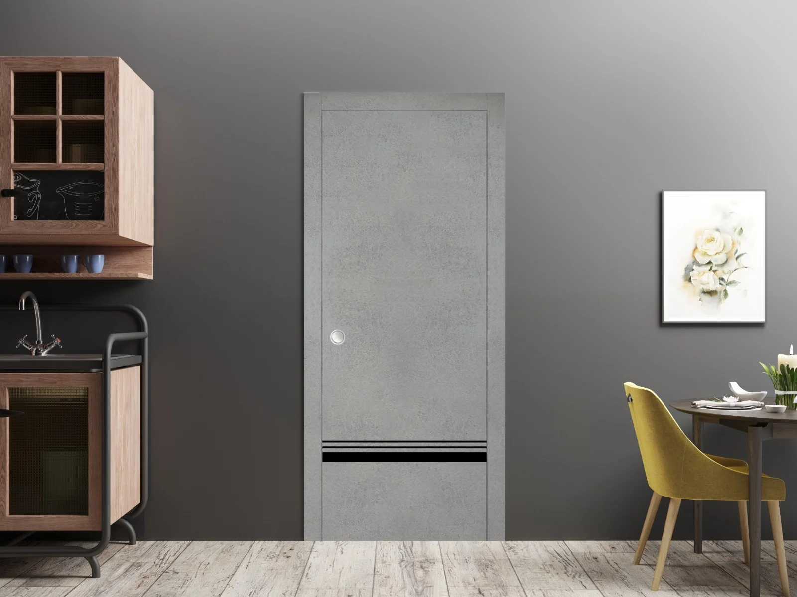 Sliding French Pocket Door 36 x 80 inches with | Planum 0012 Concrete with Frosted Glass | Kit Trims Rail Hardware | Solid Wood Interior Bedroom Sturdy Doors